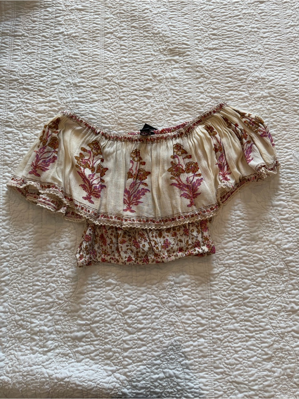Forever 21 Cream Off-Shoulder Floral Crop Top with Pink Accents